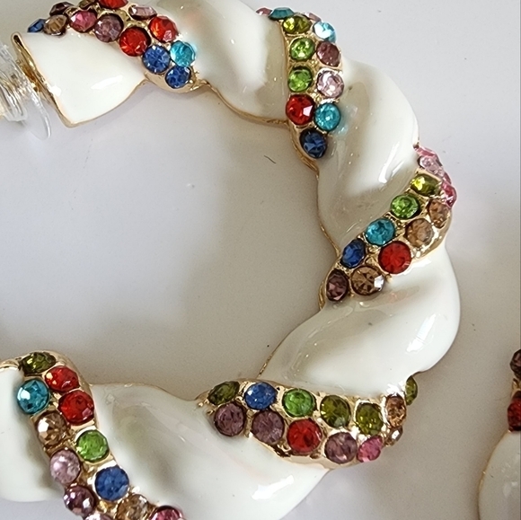 NEW Multicolor Rhinestone Embellished Braided White Hoop Earrings - Picture 8 of 9